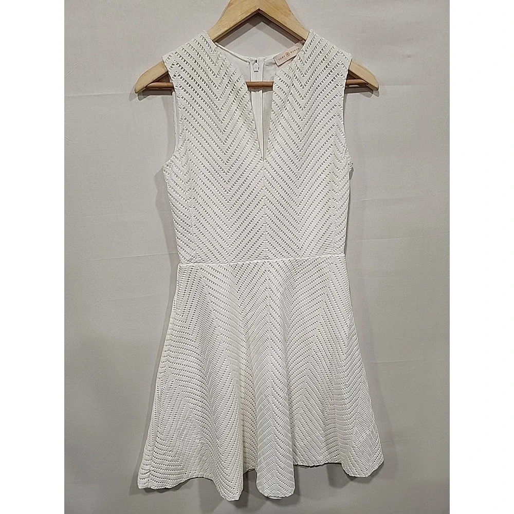 Tory Burch White Sleeveless Eyelet Fit & Flare Dress XS/TP, A-line Hidden Zipper